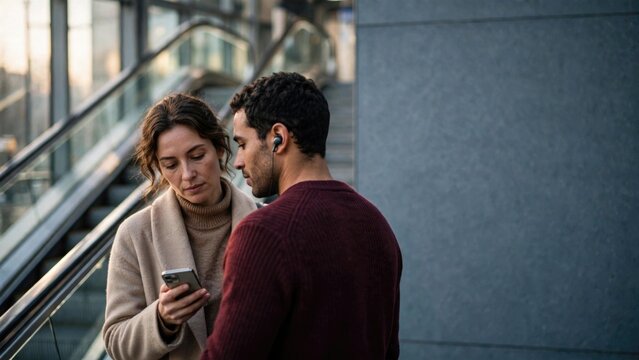 Couple Viewing Smartphone Together in Urban City Setting