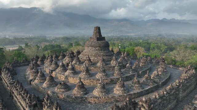 Aerial view of Borobudur Temple in Yogyakarta, Java, Indonesia at sunrise.