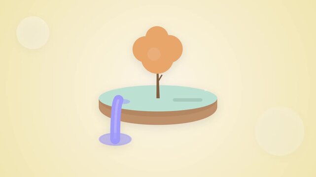 Minimalist 2D animation featuring a floating circular island with a stylized orange tree and a small blue waterfall in a clean flat design style.