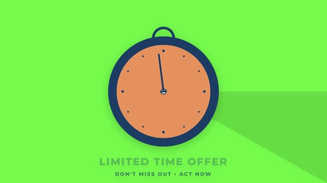 Flat design motion graphic animation of a ticking clock for a limited time offer promotional banner on a green background featuring urgency text like don't miss out and act now for marketing.