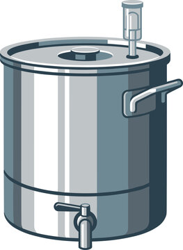Flat design vector illustration of a stainless steel fermenter vessel with a spigot and airlock on a white background