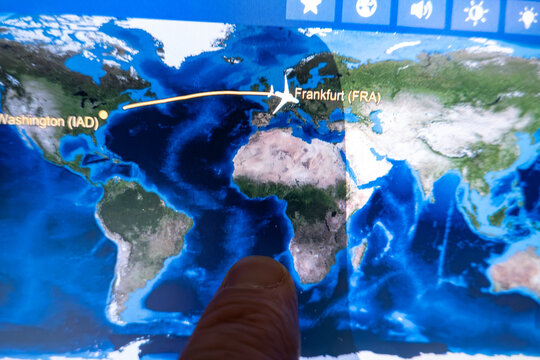 Frankfurt, Germany A seatback screen in a commercial airliner shows flight progress over Europe.