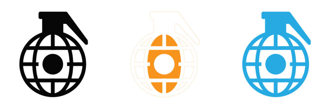 Three stylized hand grenade icons in black orange and blue colors isolated on white