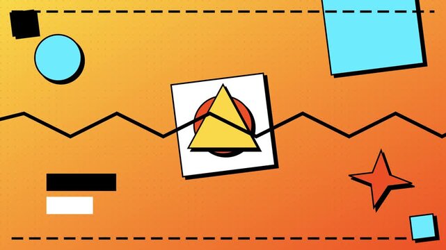 Vibrant 90s Memphis style motion graphic background featuring colorful geometric shapes like triangles, circles, and zig-zag lines on a warm orange gradient for retro creative projects.