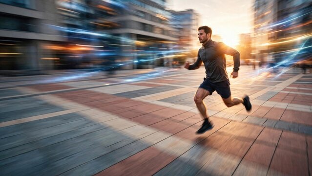 Dynamic businessman sprinting through an urban cityscape at sunset