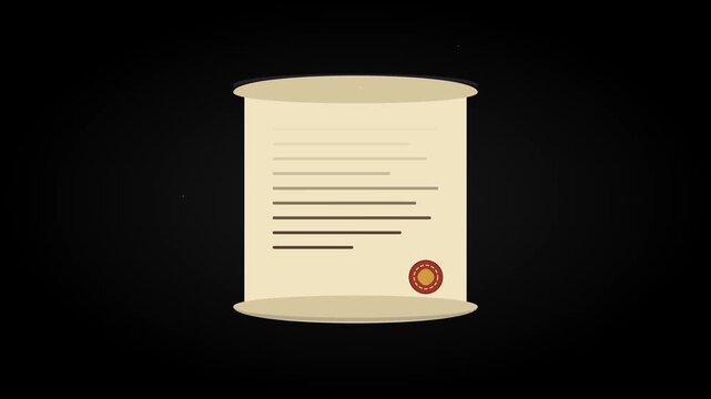 Flat 2D vector animation of a formal parchment scroll or document with a red wax seal and text lines, symbolizing legal contracts, official decrees, or graduation diplomas on a dark background.