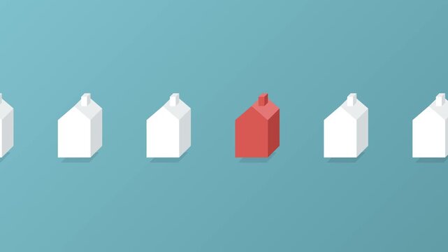 Minimalist isometric animation of white houses moving with one red house standing out, representing unique real estate, market selection, and finding a dream home in a row of properties.