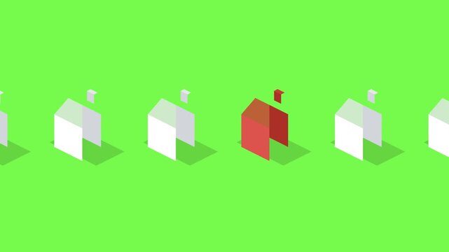 Minimalist isometric 3D animation of white house icons on a green background with one red house standing out, representing uniqueness, real estate selection, individuality, and leadership.