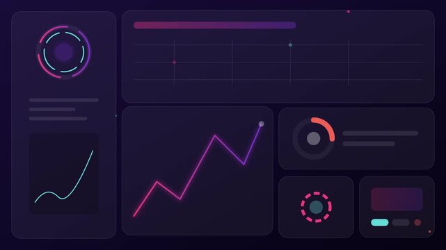 Futuristic UI HUD dashboard display featuring animated data visualization charts, neon line graphs, and digital analytics indicators on a dark background for tech and business concepts.