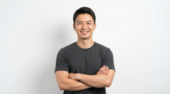 Confident and happy Asian man with crossed arms smiling genuinely at the camera on a plain white background.