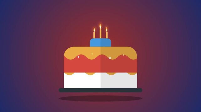 Animated Birthday Cake with Three Lit Candles Flat Design Vector Illustration Motion Graphic for Anniversary Celebration Greeting Card Background