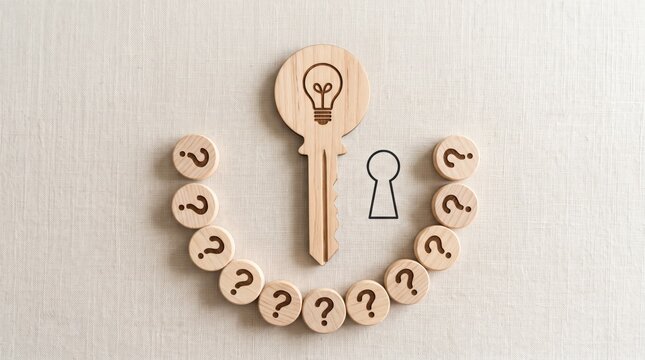 Wooden key with lightbulb icon and question marks arranged in circle, problem solving and innovation concept, creative thinking and solution finding metaphor, business idea