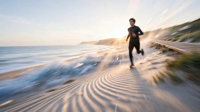 Dynamic runner on coastal path at sunrise with motion blur