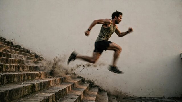 Dynamic Shot of Runner Descending Outdoor Concrete Stairs