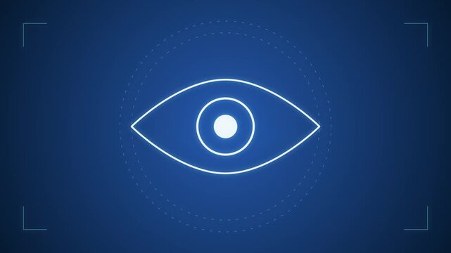 Futuristic digital eye scanning interface on blue background with HUD elements representing biometric security and advanced vision tracking system technology.