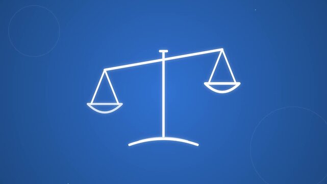 Minimalist white line animation of tilting balance scales on a blue background. Concept for justice, law, equality, and legal ethics in a clean motion graphic style.