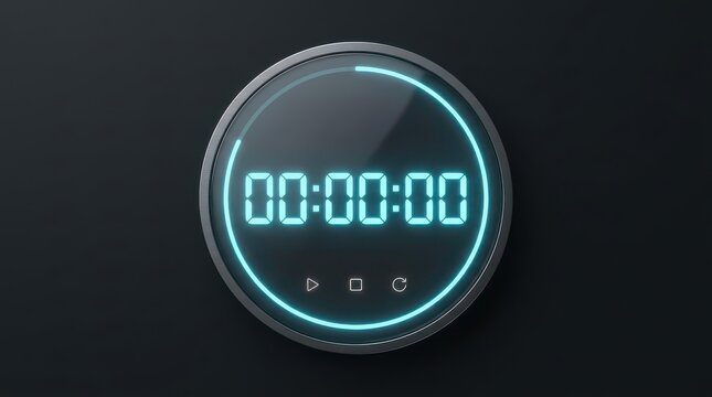 Sleek Digital Timer Displaying 00:00:00 with Blue Neon Glow, Representing Time Management, Countdown, Stopwatch, Productivity, and Deadline Concepts Effectively.
