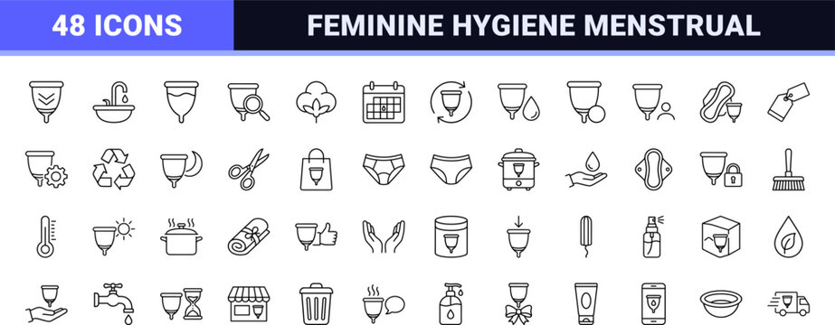 Menstrual cup care hygiene line icon set. Vector pictograms of period, feminine, sanitary, and pad elements, thin linear illustration.