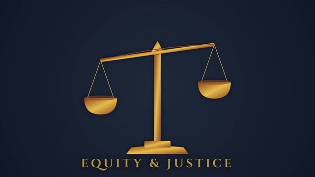 Golden scales of justice balancing on a dark background with Equity & Justice text. Conceptual motion graphic for legal systems, fairness, and ethical judgment.