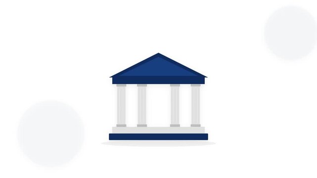 Flat vector animation of a blue and white classic building with pillars, symbolizing a bank, courthouse, or government institution on a clean background.