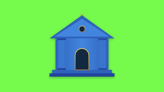 Animated blue classic building icon with pillars on green screen. Vector illustration of bank, courthouse, or museum with light sweep animation for financial and institutional concepts.