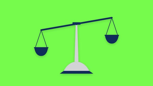 Animated scales of justice on green screen. Flat law balance icon tilting for legal concepts, judgment, equality, and ethical comparisons in 2D minimalist style.