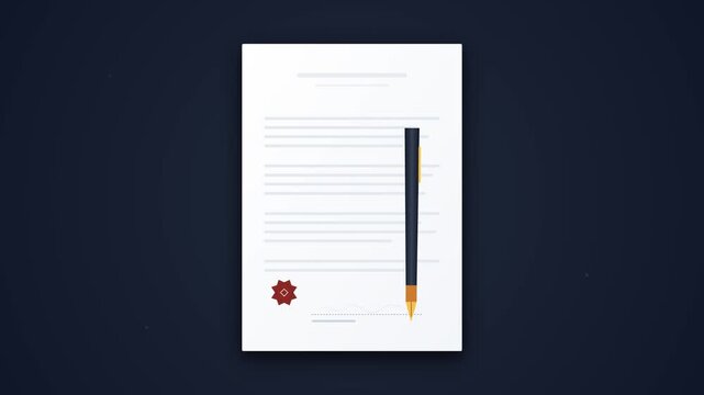 Animation of a formal legal document being signed with a fountain pen and an official red wax seal, representing business contracts, partnership agreements, and notary services.