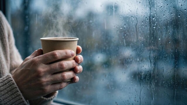 Hands holding coffee cup by rainy window view