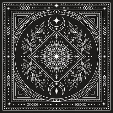 Esoteric occult symbol with celestial elements and sacred geometry in line art style