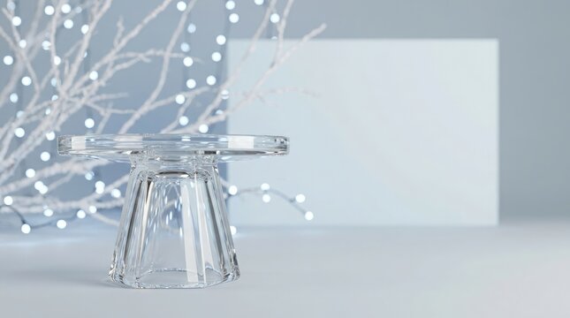 Transparent glass cake stand sitting on white surface with frosted branches with bokeh lights background