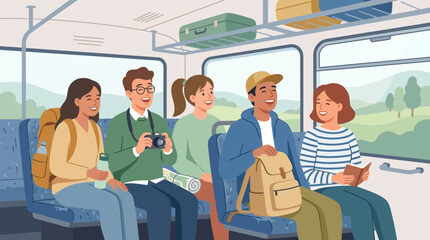 Obraz premium Diverse travelers on bus, smiling, on journey, with luggage