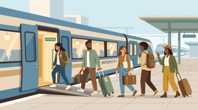 Diverse travelers boarding and disembarking an intercity train at a station.