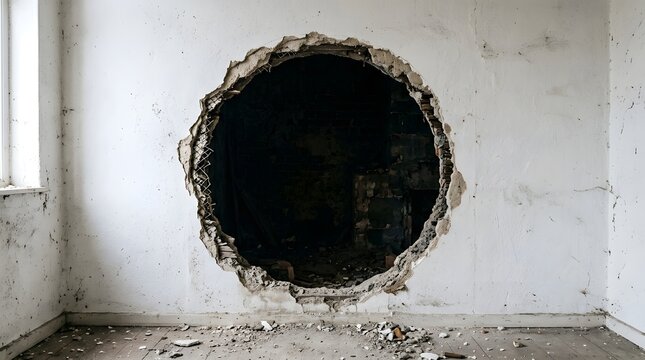 Circular breach in white plaster wall with dark interior cavity