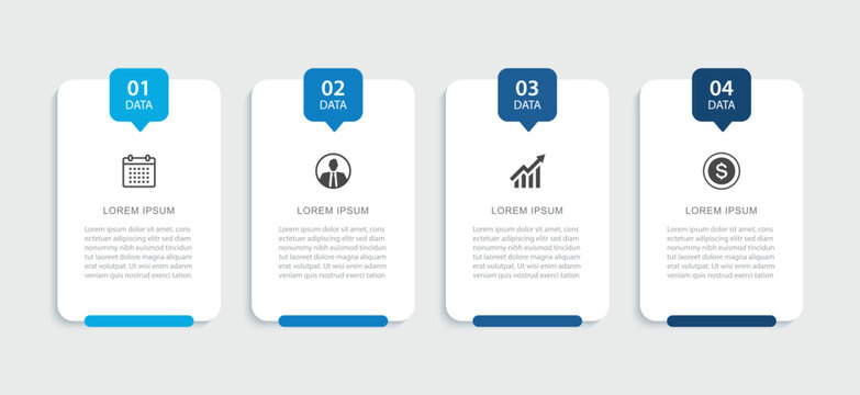 Business infographic banner template with 4 blue steps for presentation process.