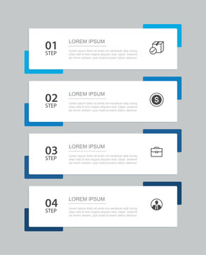 Infographic data template with 4 blue steps banner for presentation option process.