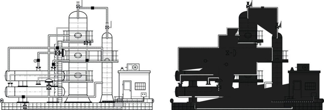 Industrial processing plant vector illustration set with distillation columns, storage tanks, pipelines, machinery, and solid silhouette