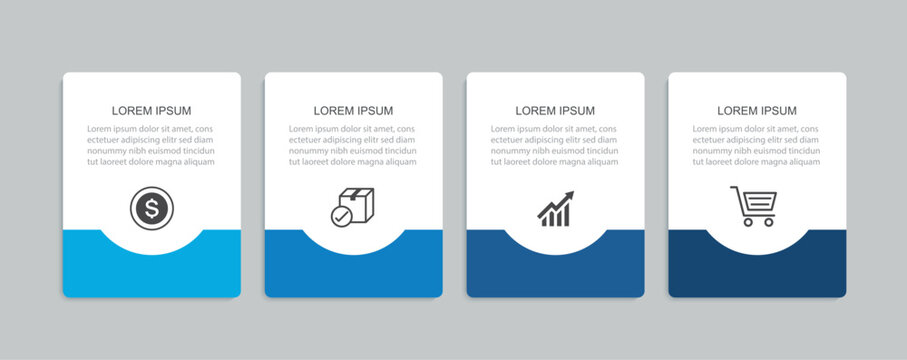 Infographic template with 4 blue steps banner for business data presentation.