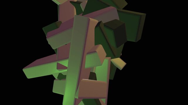 Abstract 3D geometric structure of green and beige blocks rotating in a dark space. A complex dynamic system of rectangular cuboids forming an intricate architectural loop with cinematic light.