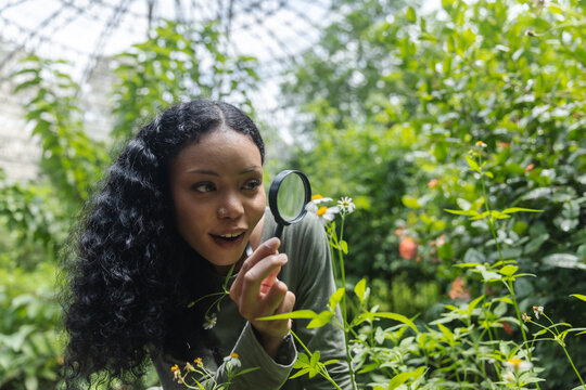 Woman Examining White Flowers with a Magnifying Glass