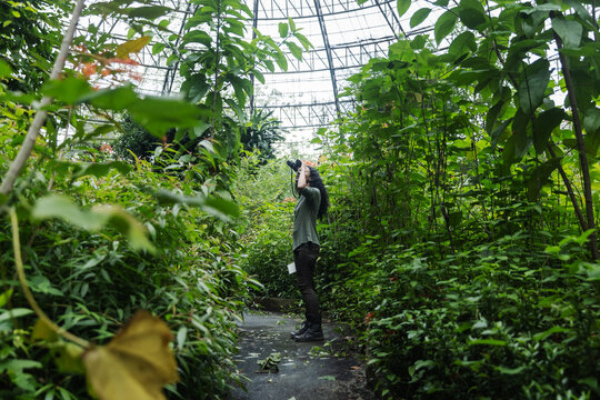 Woman Exploring Tropical Plants with Binoculars in a Greenhouse