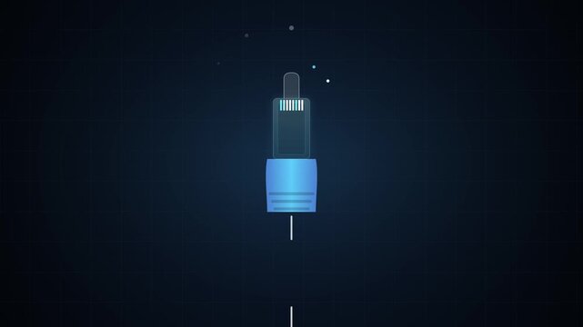 Motion graphic of a glowing Ethernet connector on a dark grid background, symbolizing high-speed internet, cyber security, data transfer, and digital networking infrastructure.