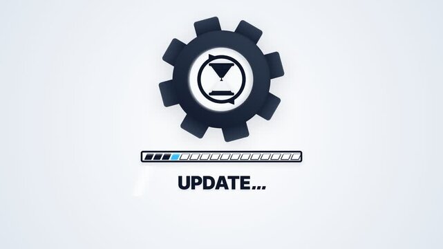 Software update progress bar animation with gear and hourglass icons on white background