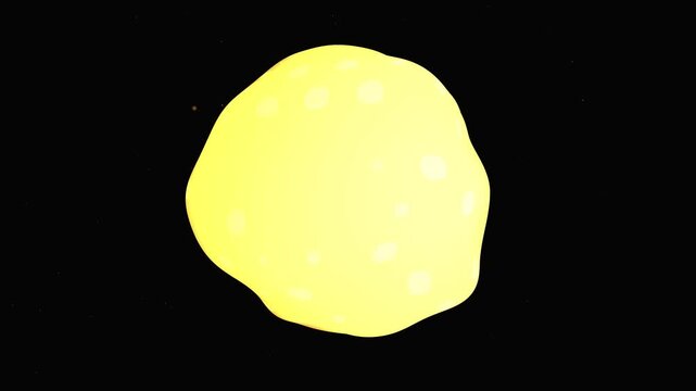 3D render of an abstract glowing yellow organic cell or microorganism floating against a black background, showcasing unique dotted surface patterns and biological structures.