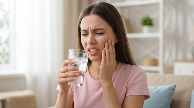 Young woman suffering from severe toothache and sensitive teeth holding cheek in pain after drinking cold icy water from glass sitting on sofa in bright home living room dental care medical background