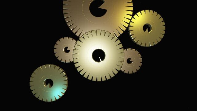 Golden 3D gears and cogs rotating in sync against a dark background, illustrating industrial machinery, mechanical engineering, and collaborative business systems in motion.