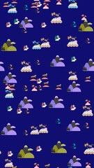 Fototapeta premium Stylized Islands, Mountains, and Recycling Symbols Pattern