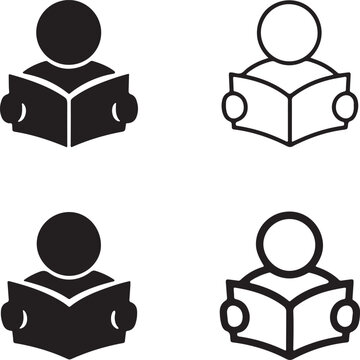 Person reading book icon vector set with filled and outline designs, education and reading symbol for Adobe Stock.