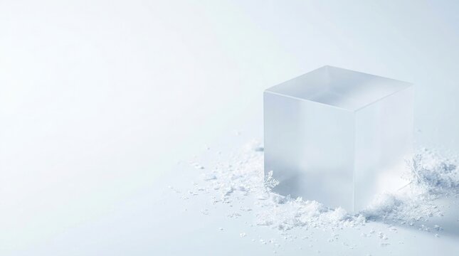 Clear glass cube display stand sitting on a white surface covered with loose snow with white background surrounded
