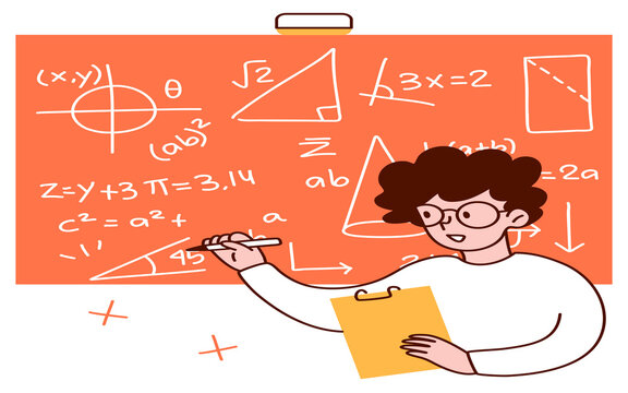 Math Teacher Illustration Writing Equations on Blackboard with Pythagorean Theorem and Pi Symbol &ndash; Flat Vector Design for Education, School, Learning, Classroom, Science and Study Concept
