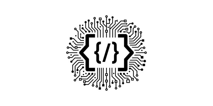 Digital coding icon with circuit board pattern. Minimalist black programming script symbol on white background for software development, technology systems, and computer engineering concepts.